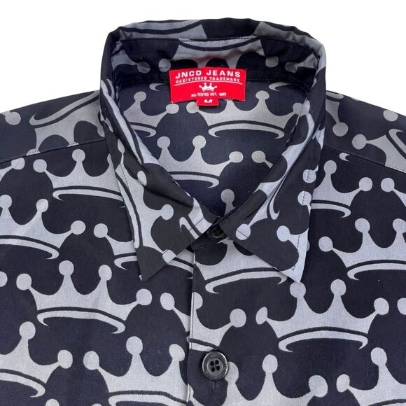 JNCO JEANS Shirt Men’s M Black Gray Crown Skulls Flames Tribal AOP Y2K Skater - Picture 2 of 11